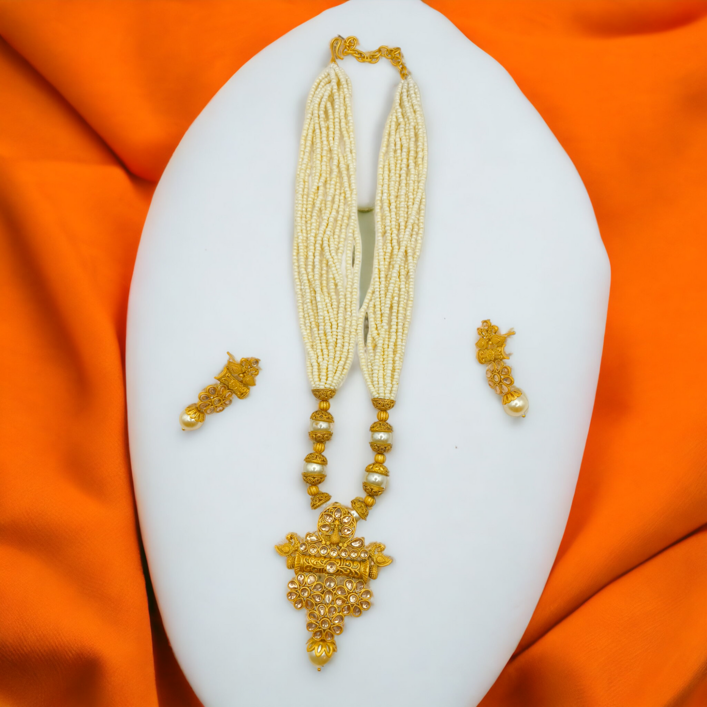 Golden Kundan Pearl Beaded Necklace Set