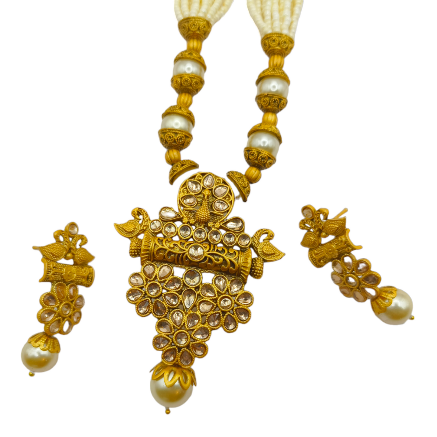 Golden Kundan Pearl Beaded Necklace Set