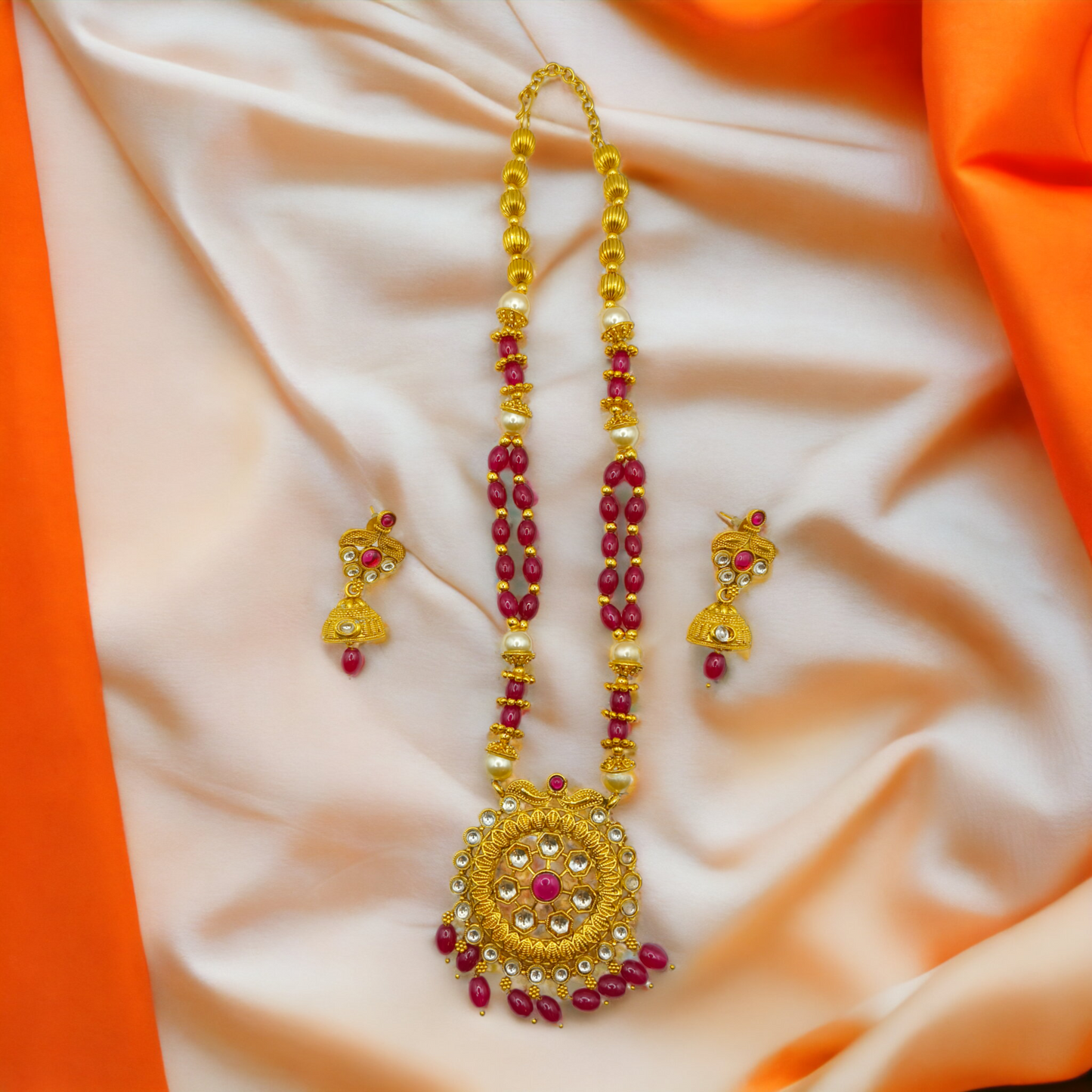 Golden Kundan Pearl Beaded Necklace Set