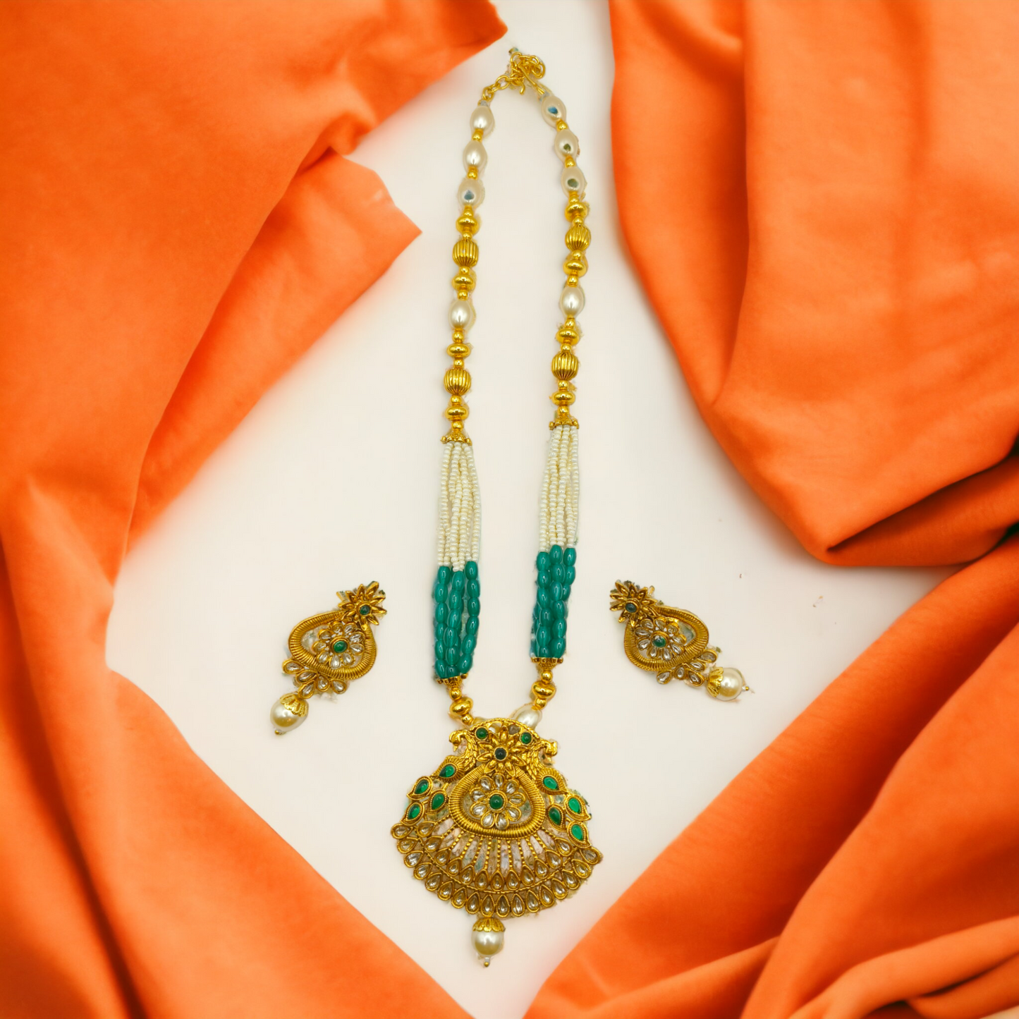 Golden Kundan Pearl Beaded Necklace Set