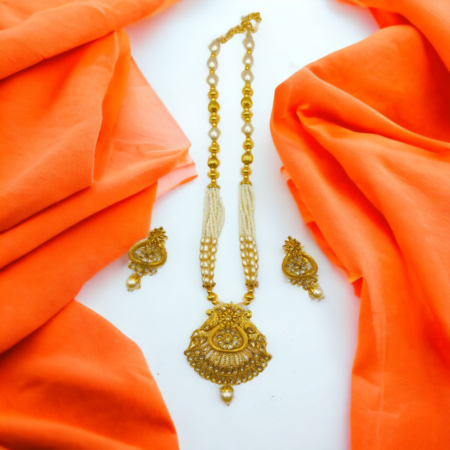 Golden Kundan Pearl Beaded Necklace Set