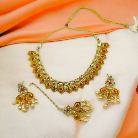 Golden Kundan Leaf Necklace Set with Pearl Drops