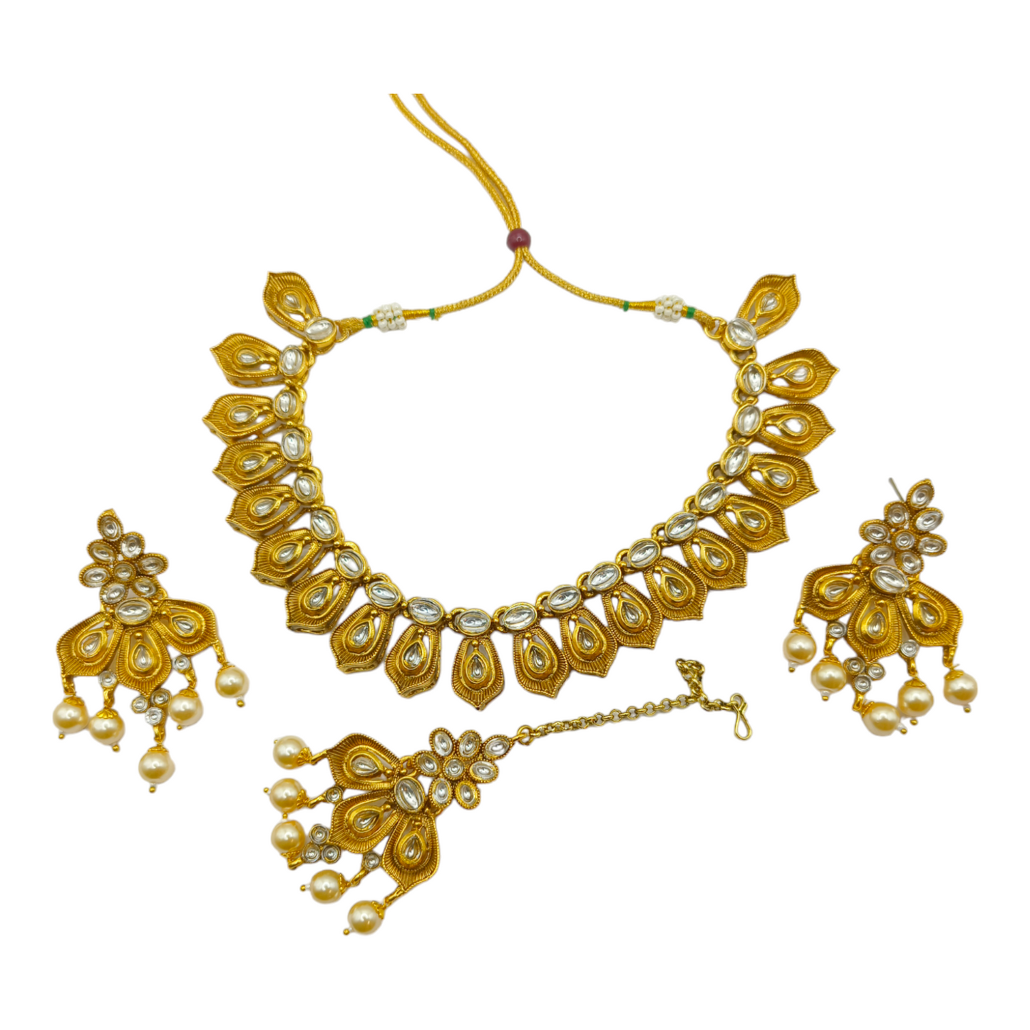 Golden Kundan Leaf Necklace Set with Pearl Drops