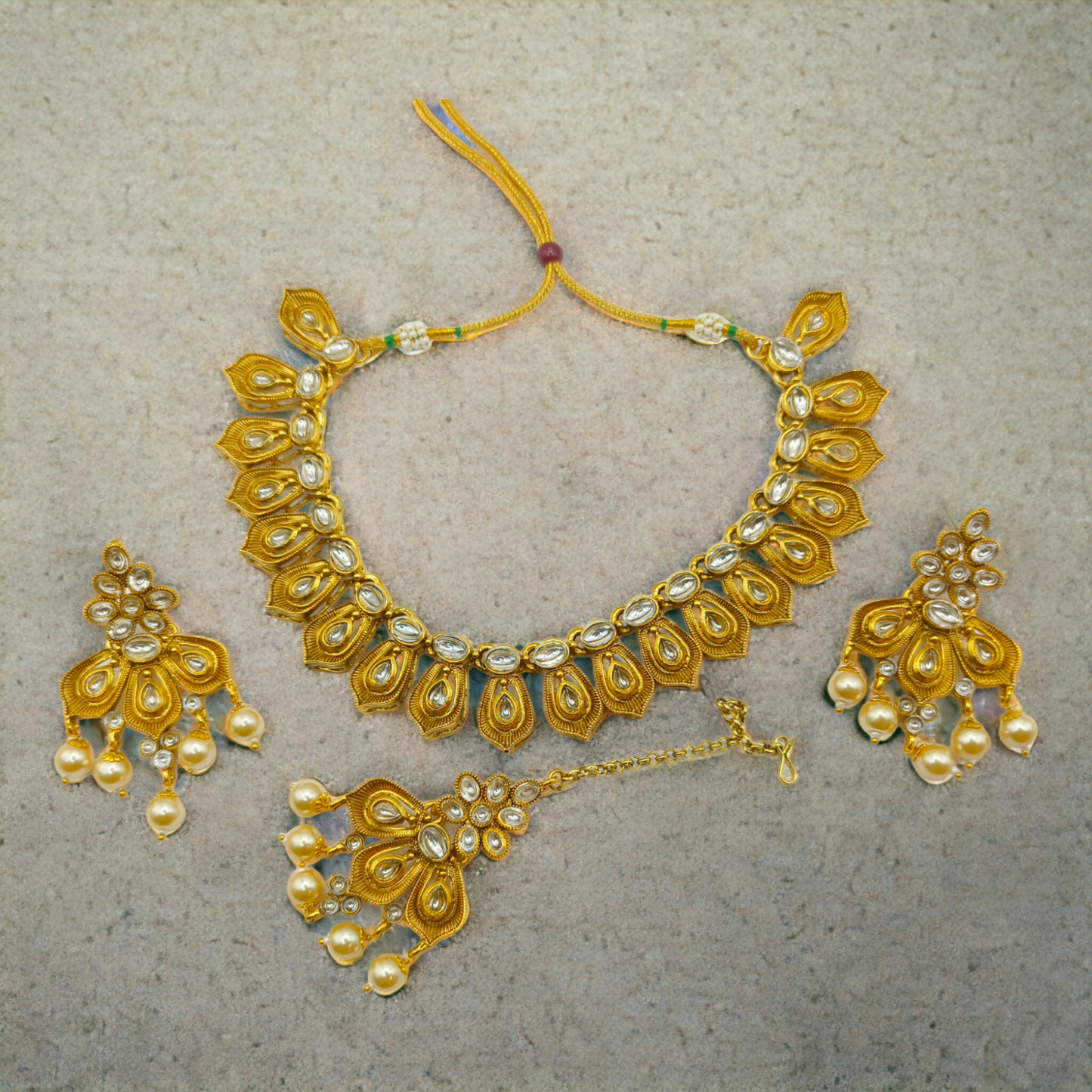 Golden Kundan Leaf Necklace Set with Pearl Drops