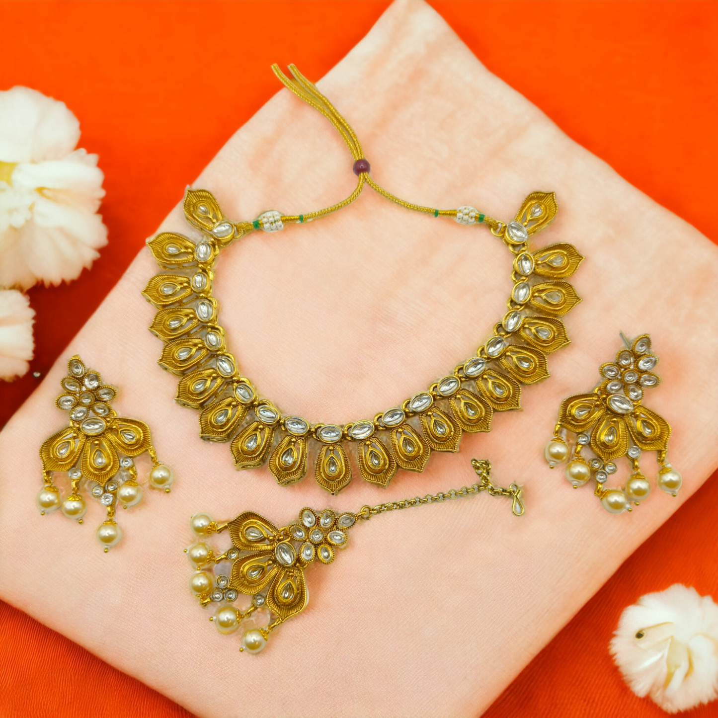 Golden Kundan Leaf Necklace Set with Pearl Drops