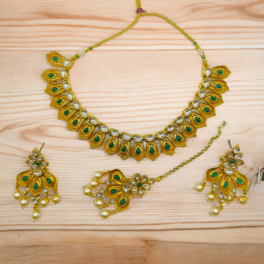 Golden Kundan Leaf Necklace Set with Pearl Drops