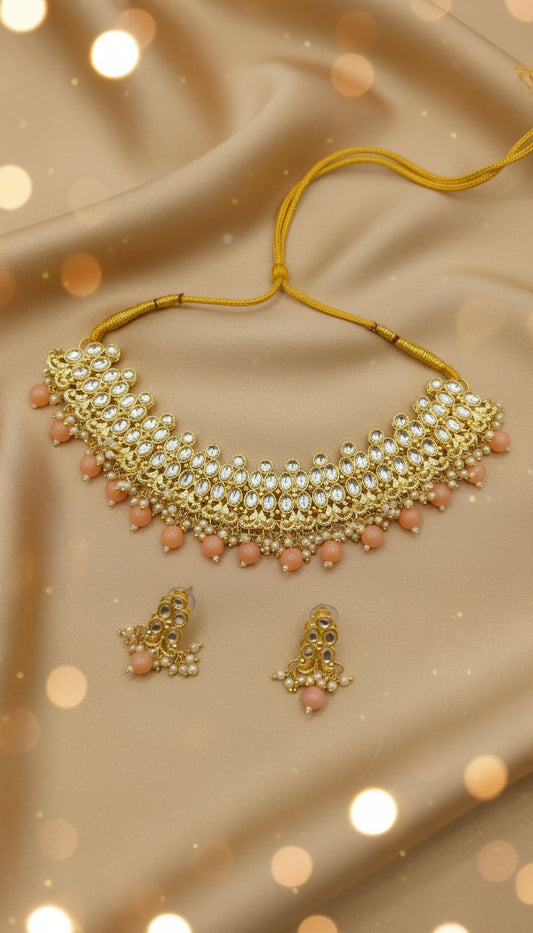 Royal Kundan Choker Necklace Set with Maroon Beads & Earrings