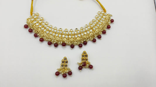 Royal Kundan Choker Necklace Set with Maroon Beads & Earrings