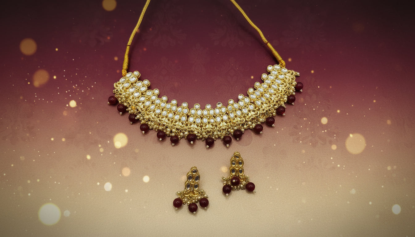 Royal Kundan Choker Necklace Set with Maroon Beads & Earrings