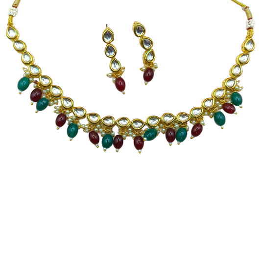 Royal Polki Kundan Necklace  WITH GREEN MAHROON GEMSTONE