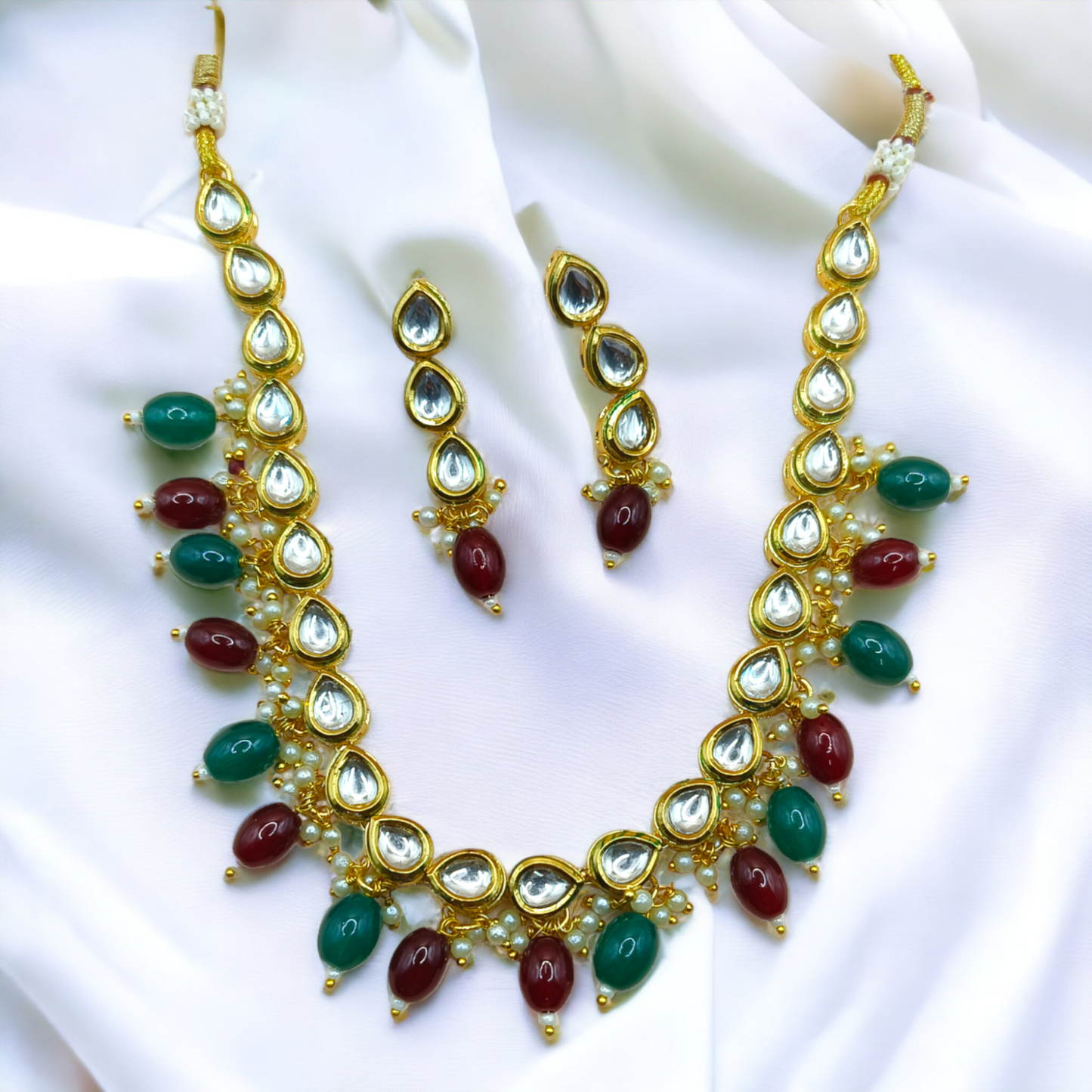 Royal Polki Kundan Necklace  WITH GREEN MAHROON GEMSTONE
