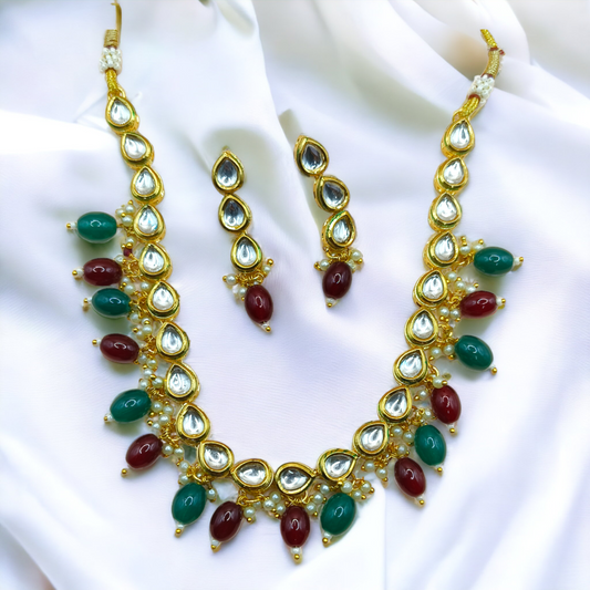 Royal Polki Kundan Necklace  WITH GREEN MAHROON GEMSTONE