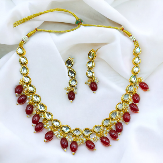 Royal Polki Kundan Necklace Set with MAHROON Gemstones
