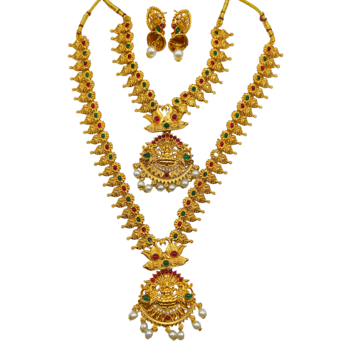 Lakshmi Temple Jewellery Set with Long Haar & Pearl Drops