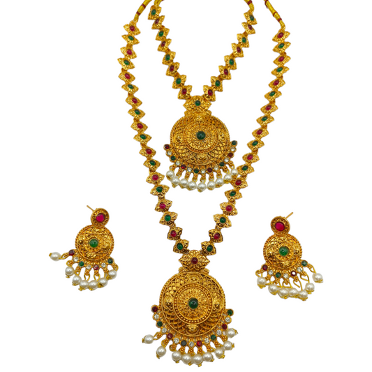 Traditional Temple Jewellery Set with Round Pendant & Pearl Drops