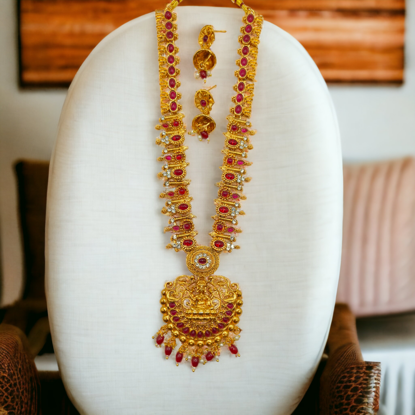Temple Heritage Long Necklace Set with Ruby Stones & Gold Finish