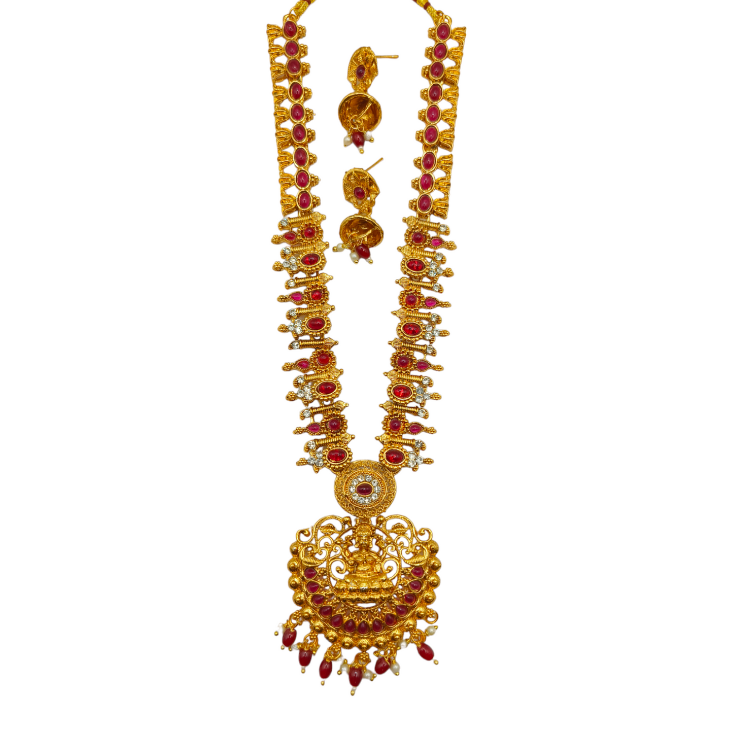 Temple Heritage Long Necklace Set with Ruby Stones & Gold Finish