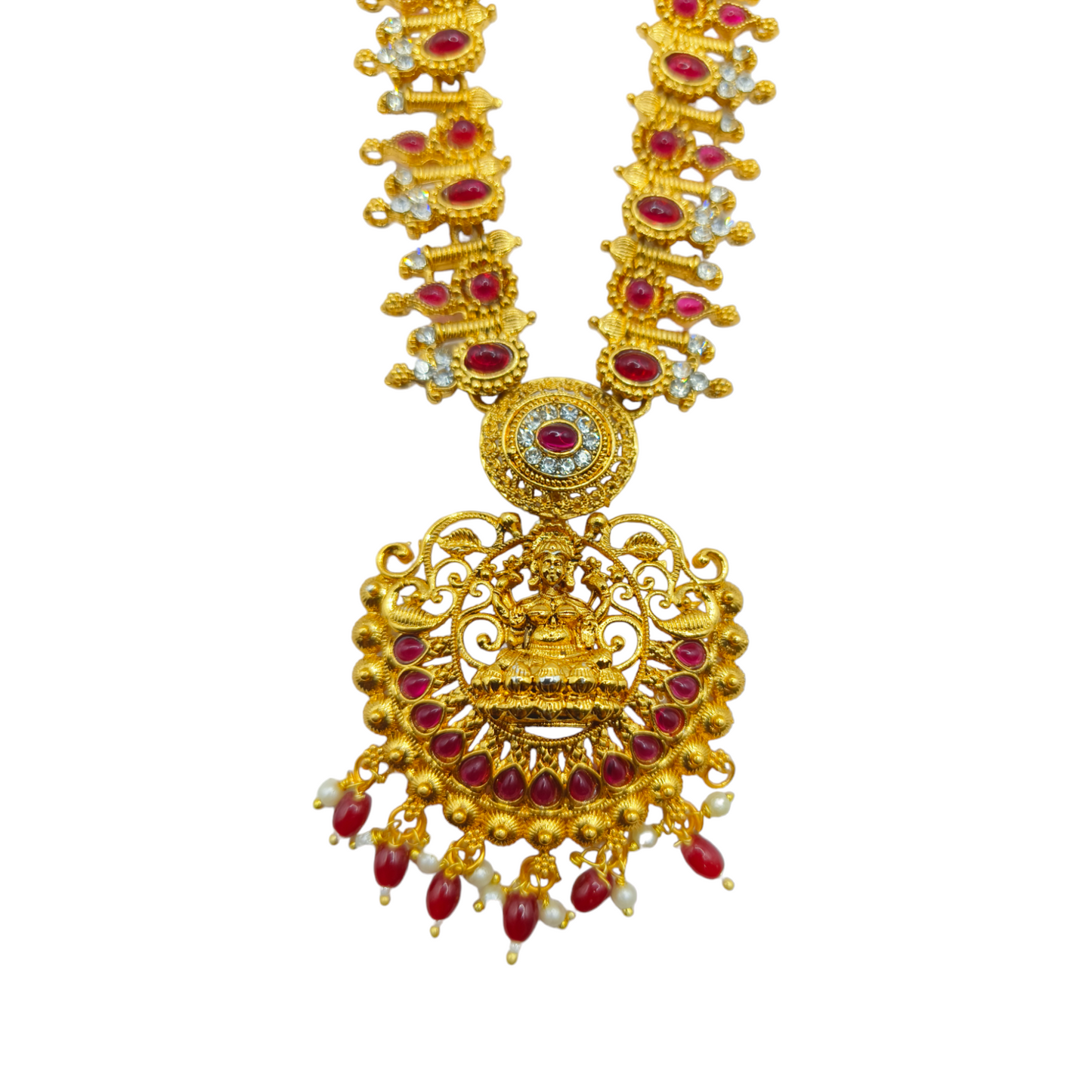 Temple Heritage Long Necklace Set with Ruby Stones & Gold Finish