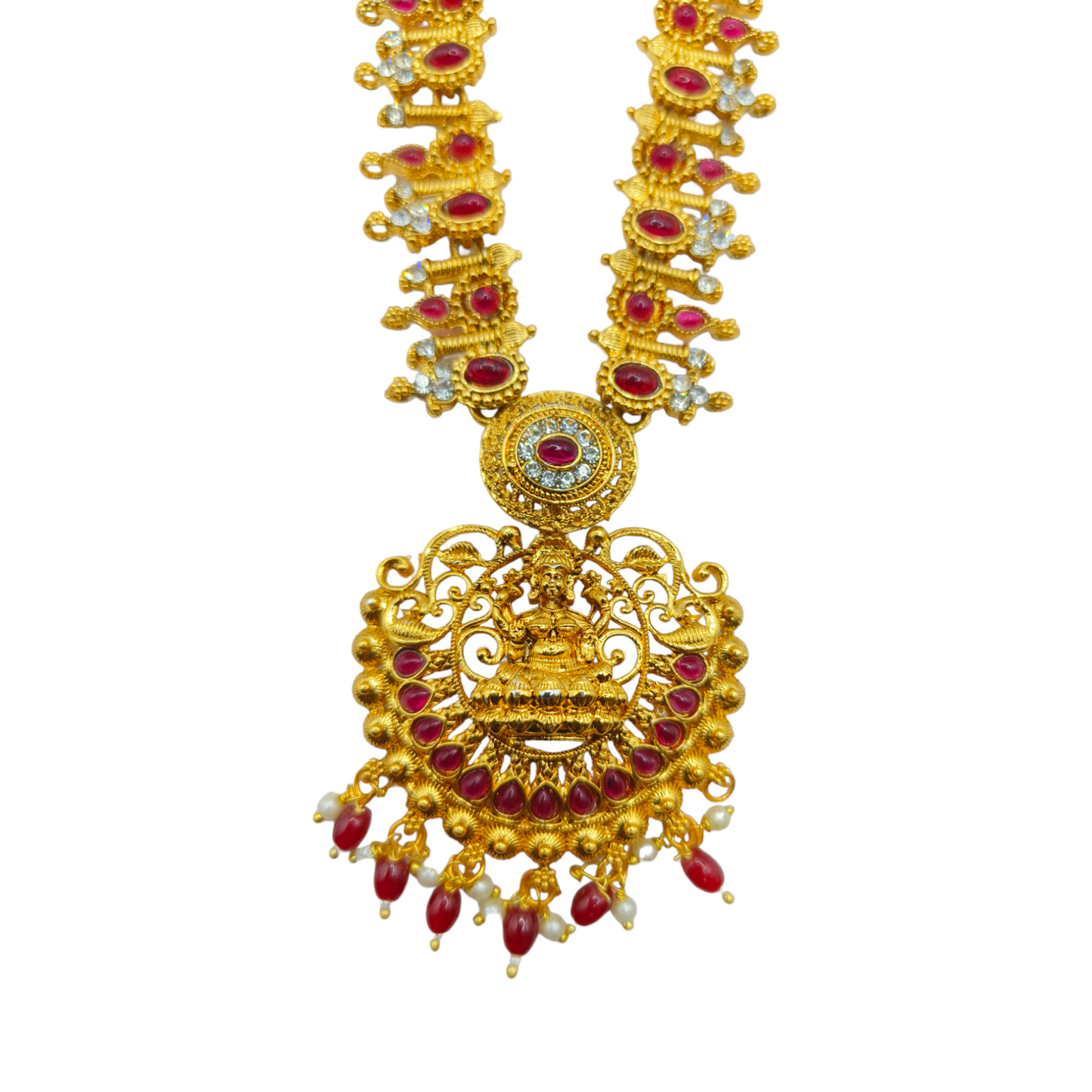 Temple Heritage Long Necklace Set with Ruby Stones & Gold Finish
