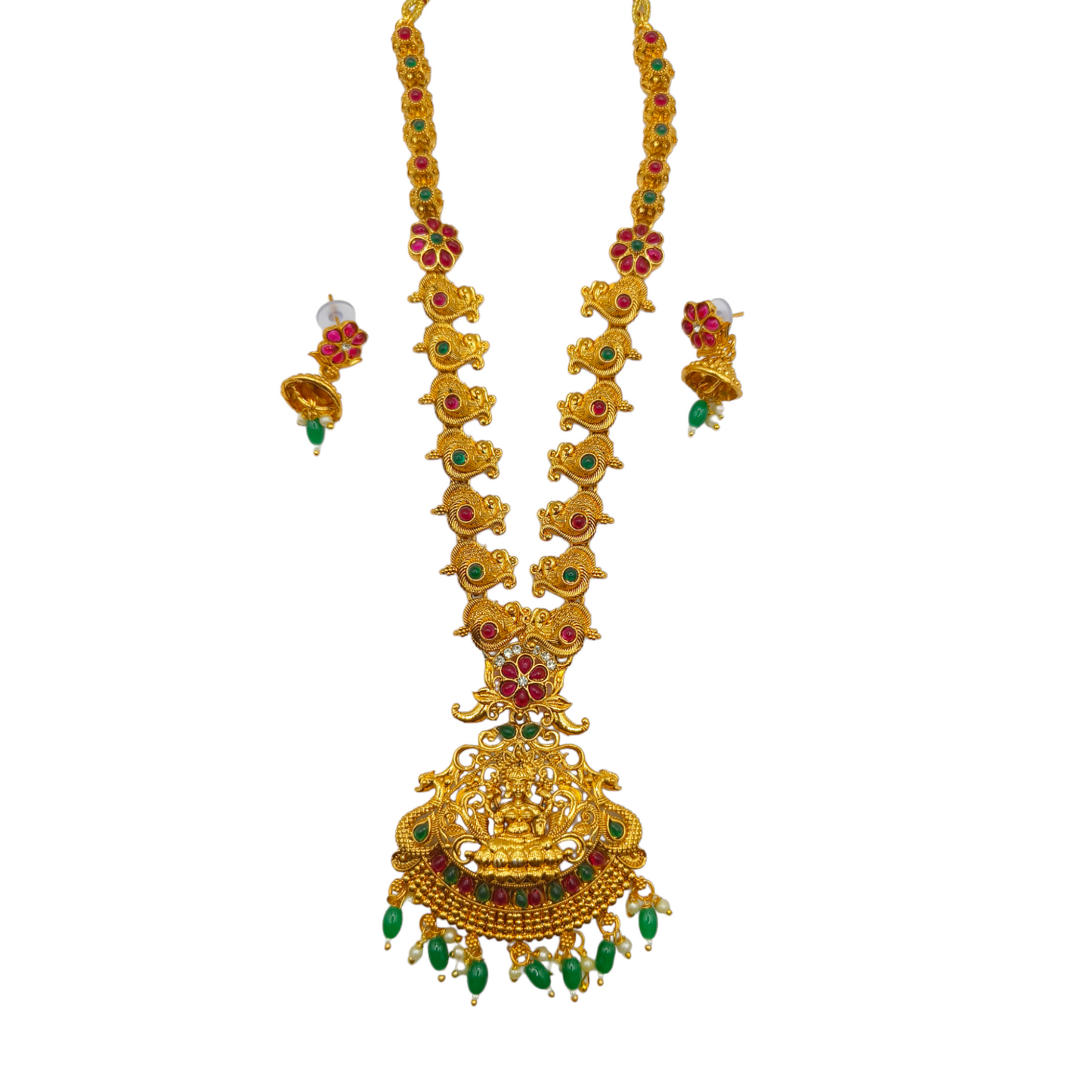 Lakshmi Peacock Temple Necklace Set with Ruby & Emerald Stones