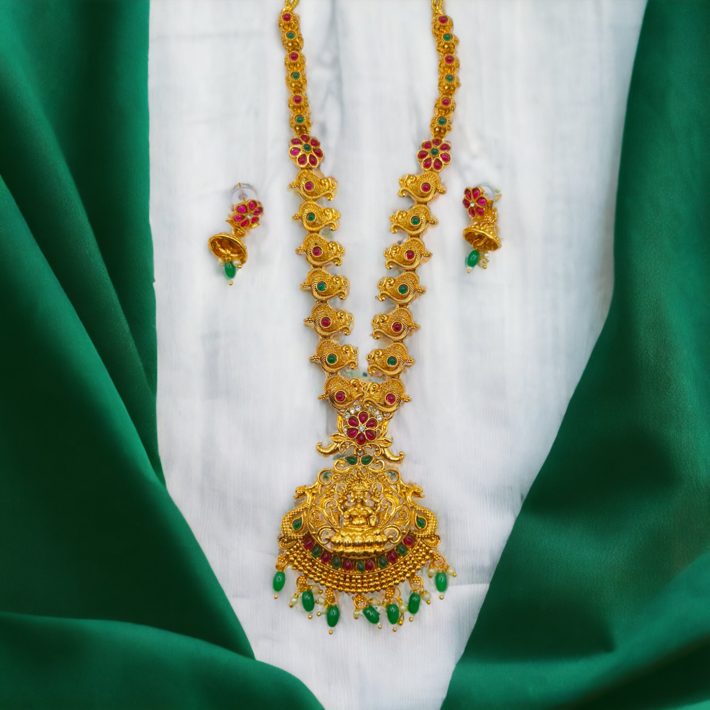 Lakshmi Peacock Temple Necklace Set with Ruby & Emerald Stones