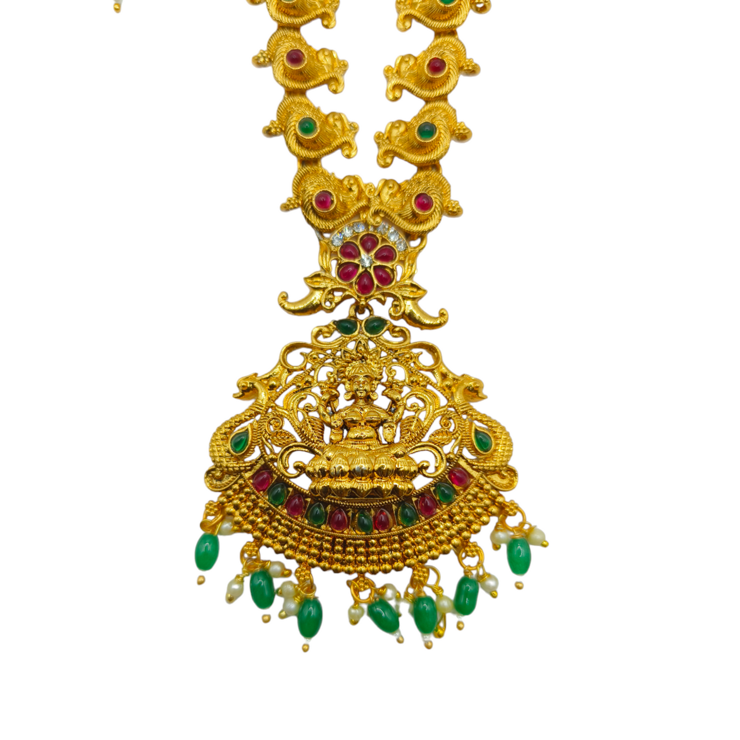 Lakshmi Peacock Temple Necklace Set with Ruby & Emerald Stones