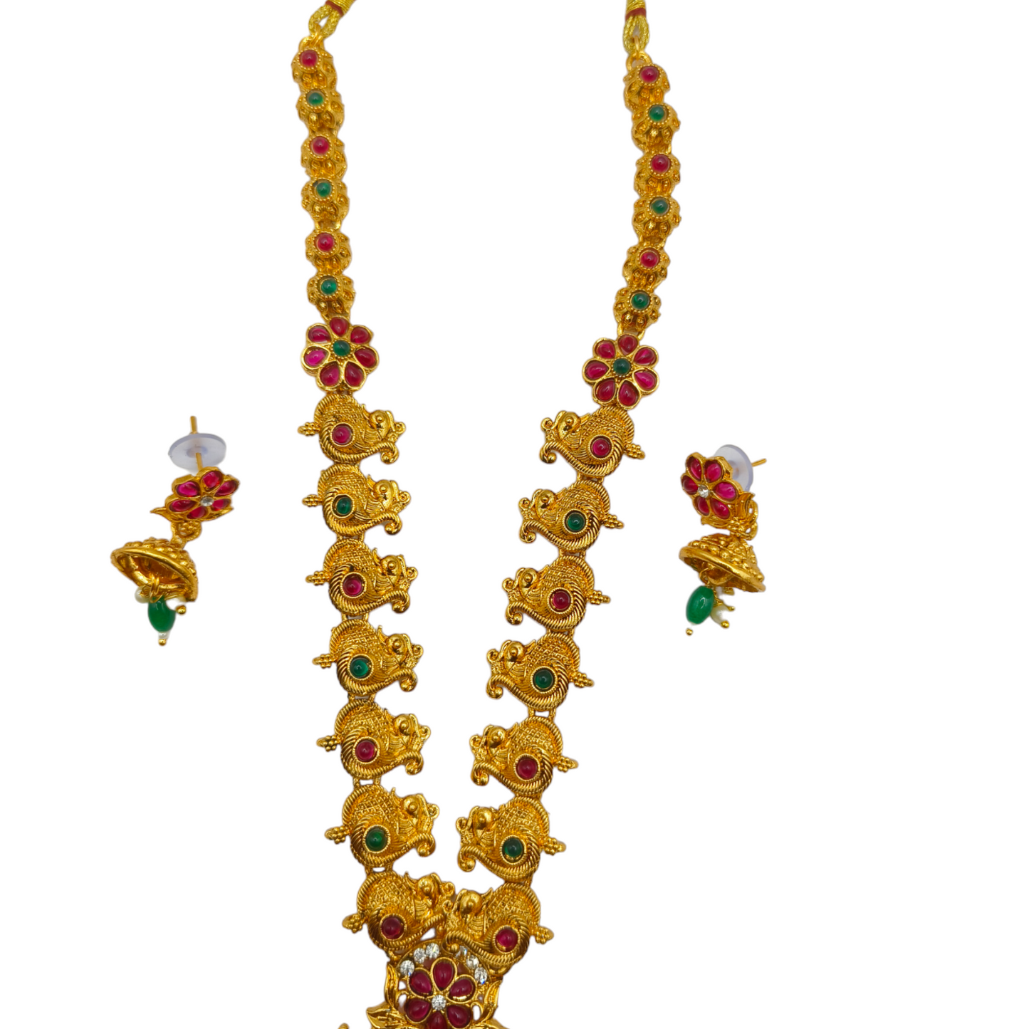 Lakshmi Peacock Temple Necklace Set with Ruby & Emerald Stones