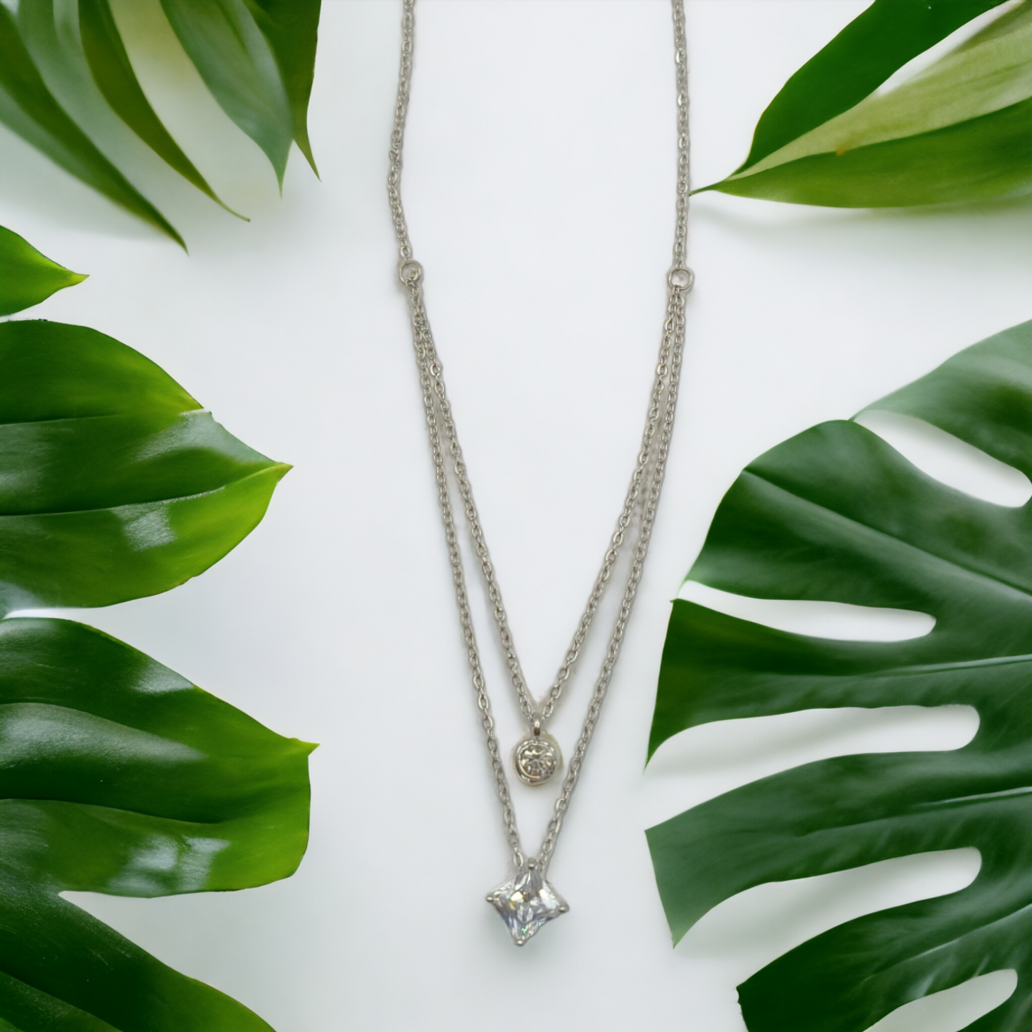 Silver Layered Necklace with Crystal Pendant