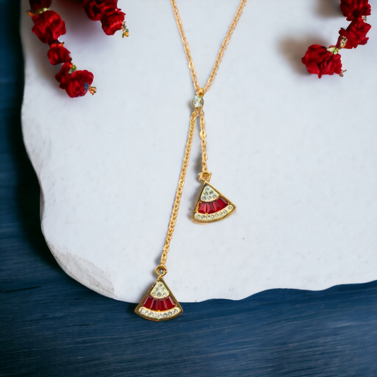 Gold Fan Pendant Layered Necklace with Red Enamel Detailing