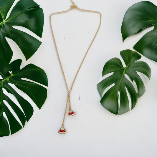 Gold Fan Pendant Layered Necklace with Red Enamel Detailing