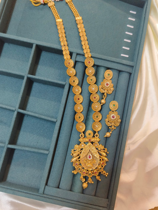 Antique Copper Temple Long Necklace with Earrings