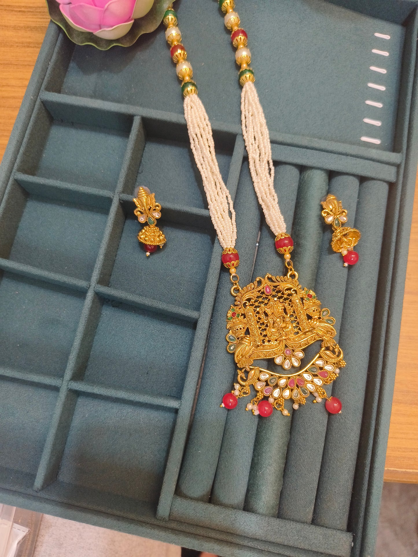 Ganpati Temple Necklace Set with Pearl Strings & Gold Finish