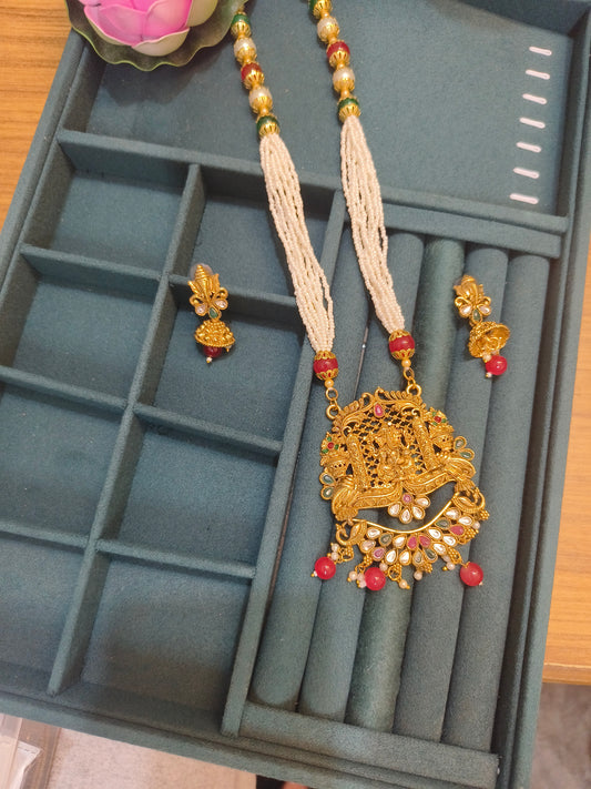 Ganpati Temple Necklace Set with Pearl Strings & Gold Finish