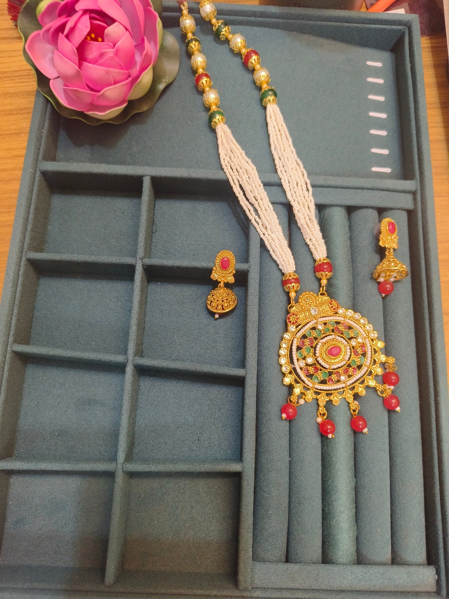 Traditional Round Temple Necklace Set with Pearl Strings & Red-Green Beads