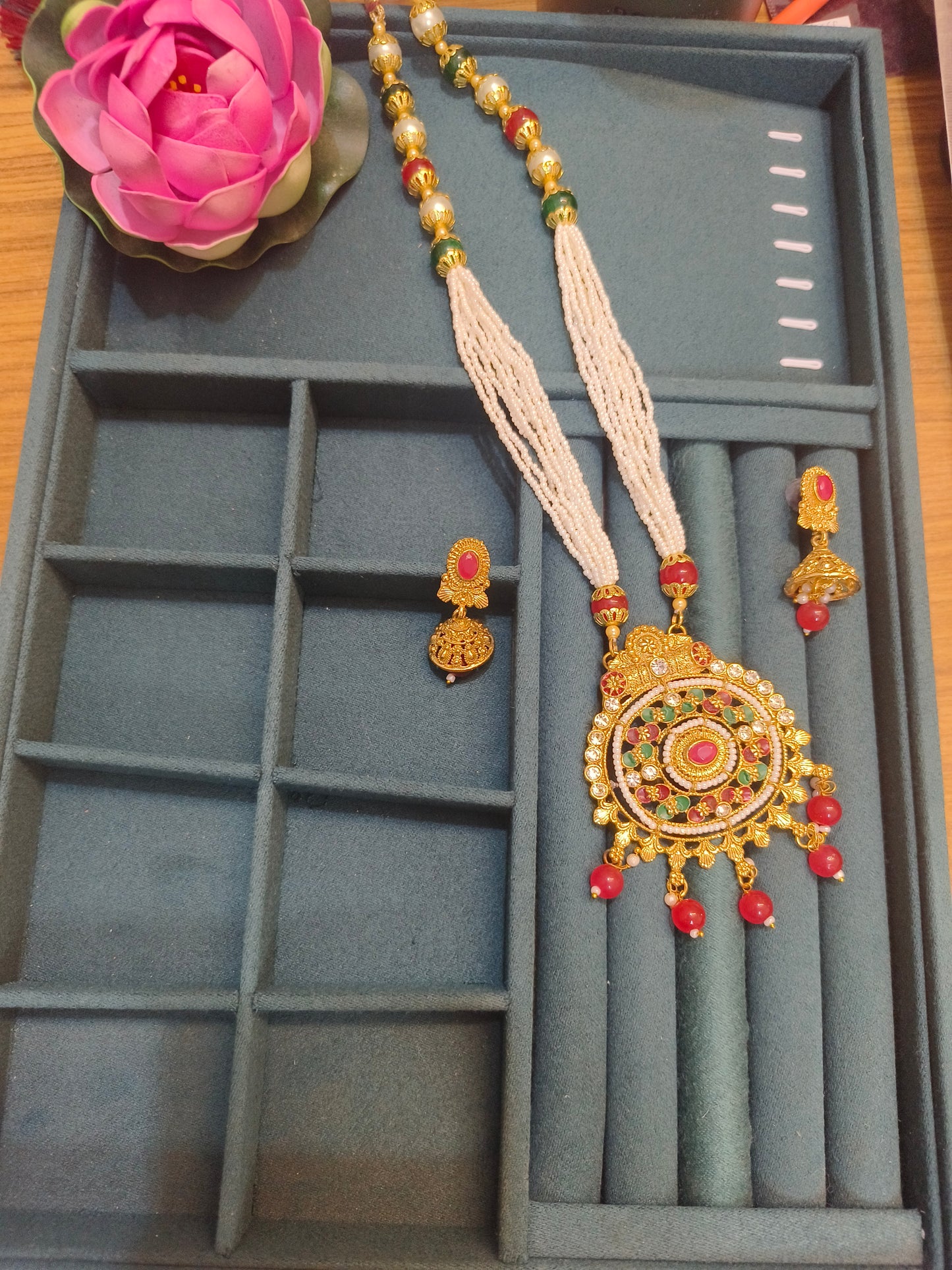 Traditional Round Temple Necklace Set with Pearl Strings & Red-Green Beads