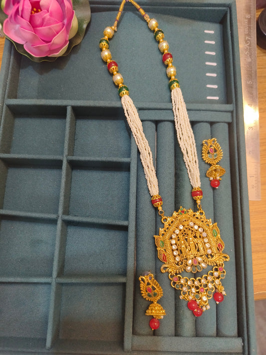 Divine Temple Long Necklace Set with Intricate Detailing & Red-Green Beads