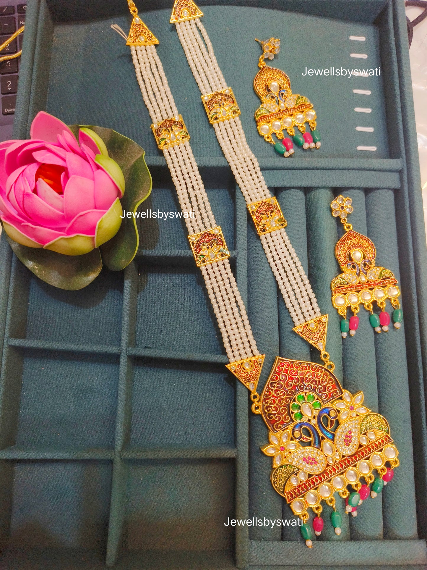 Multicolor Meenakari Long Pearl Necklace Set with Earrings