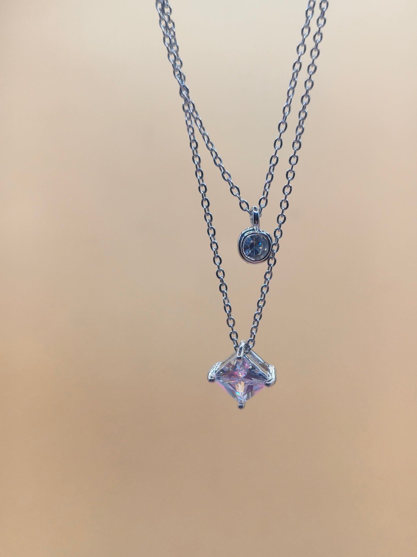 Silver Layered Necklace with Crystal Pendant