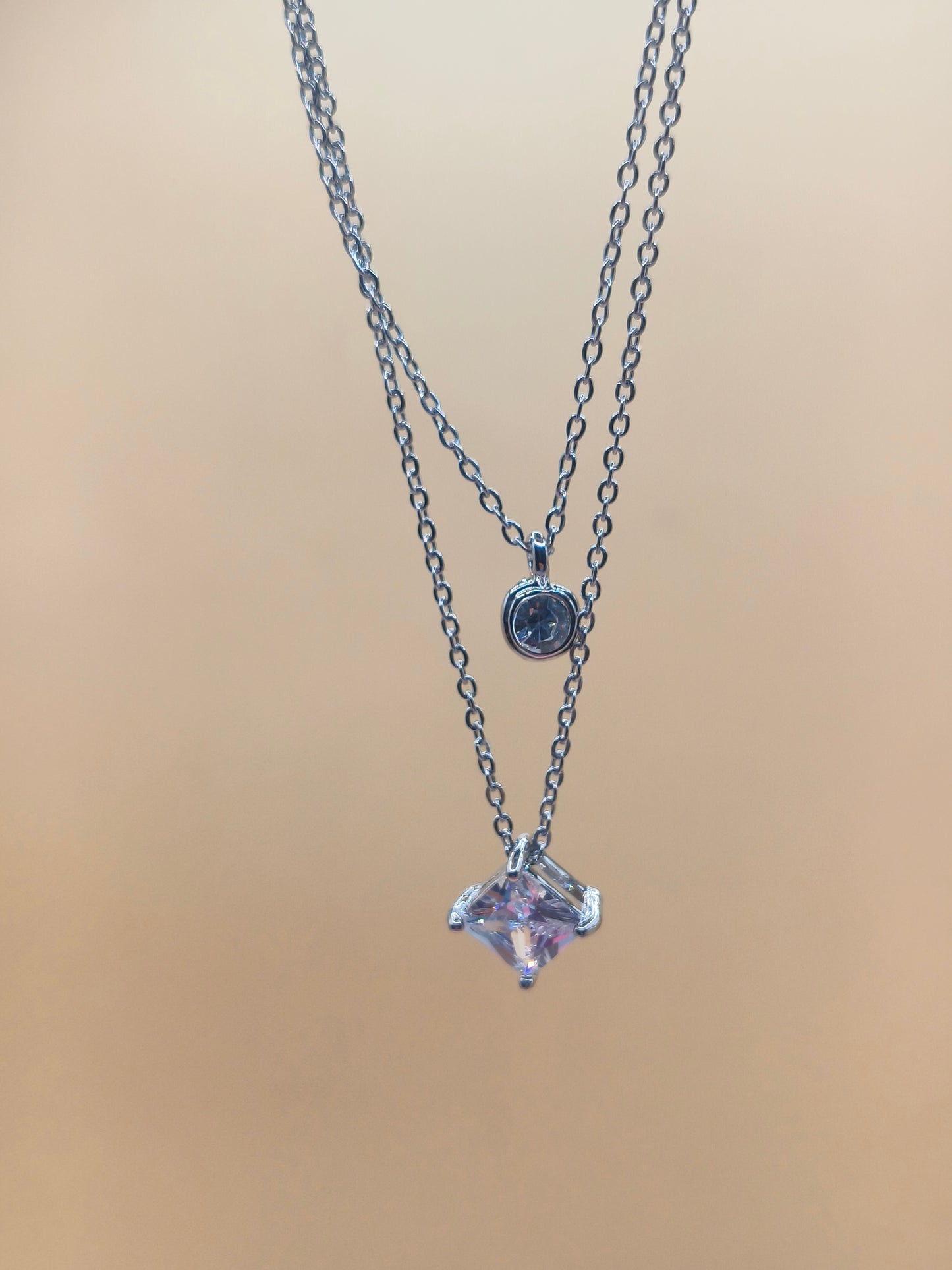 Silver Layered Necklace with Crystal Pendant