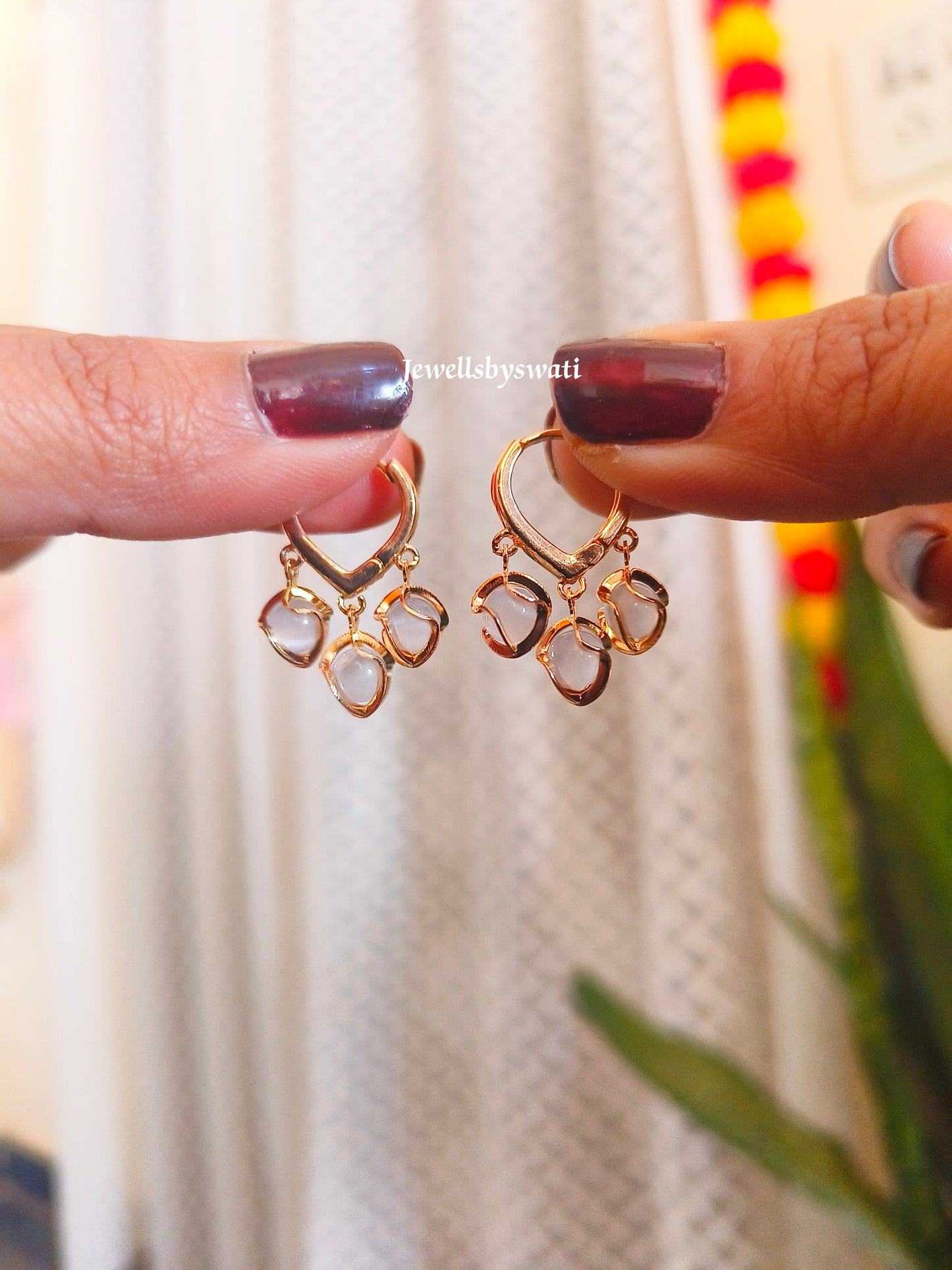 Elegant White Floral Drop Earrings | Golden Finish | Jewells by Swati