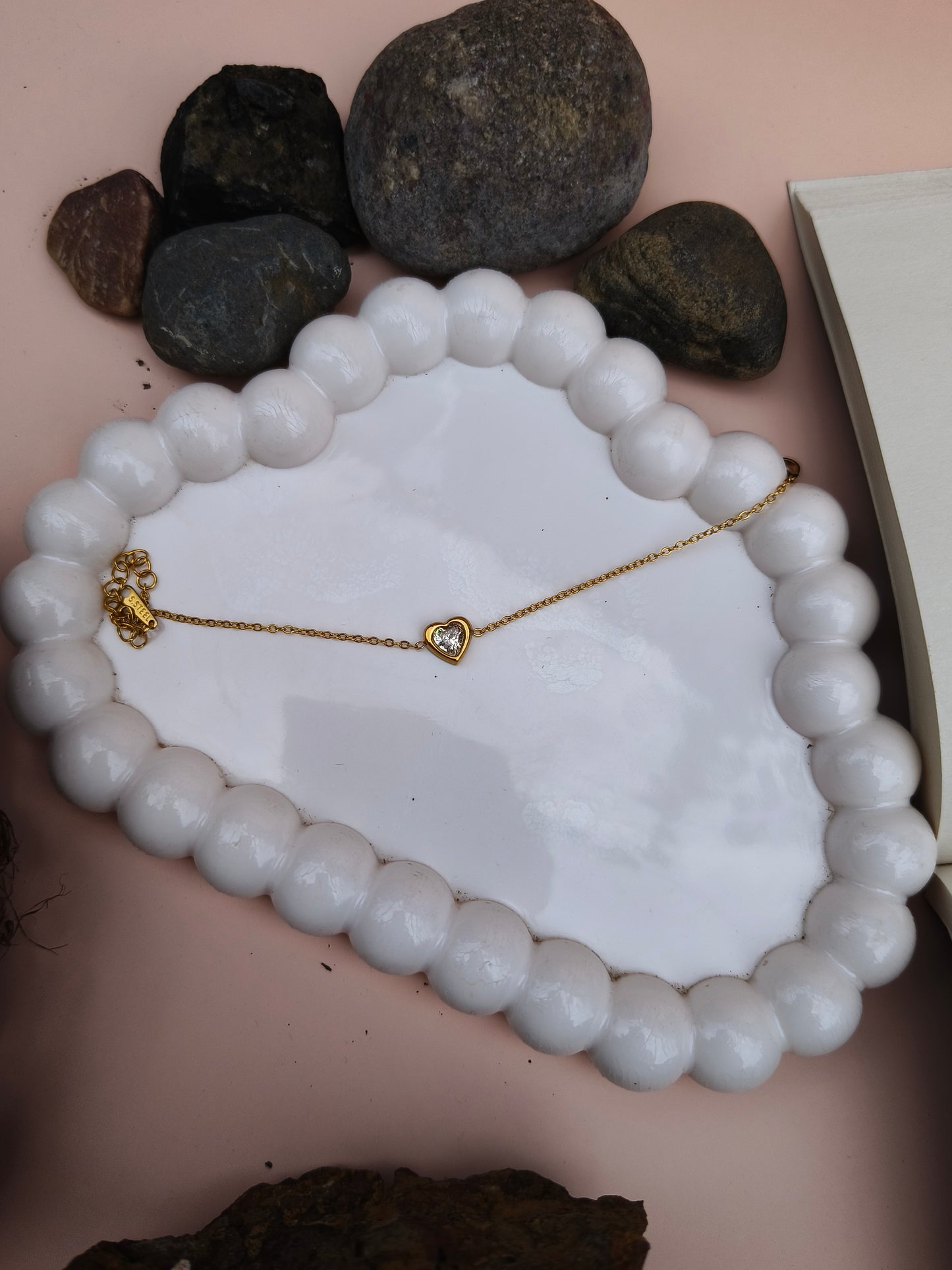 Minimal Gold Bracelet with Heart Charm & Crystal