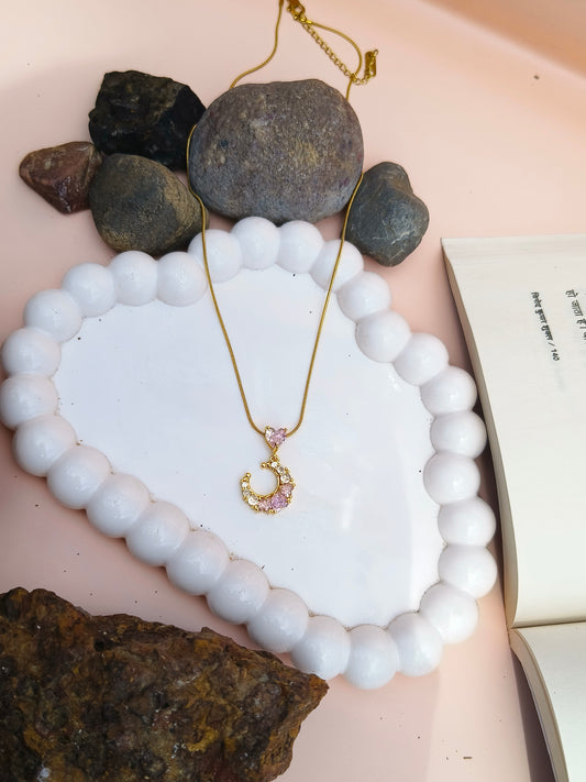 Stainless Steel Crescent Moon Pendant Necklace with Pink Heart Stone – Dainty Jewelry