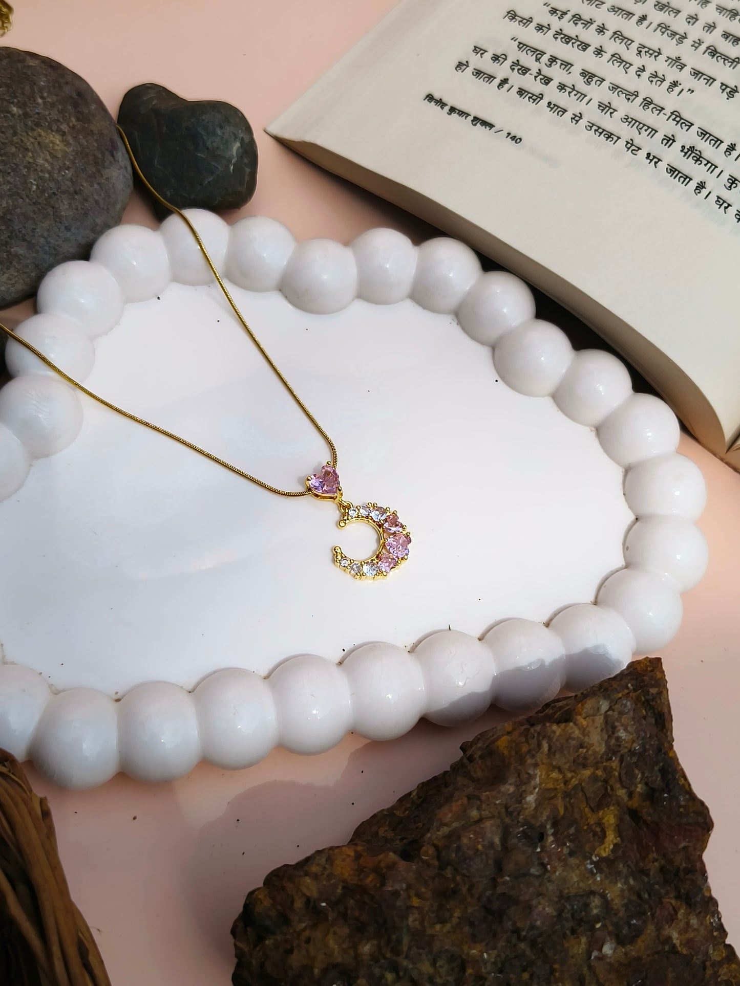 Stainless Steel Crescent Moon Pendant Necklace with Pink Heart Stone – Dainty Jewelry