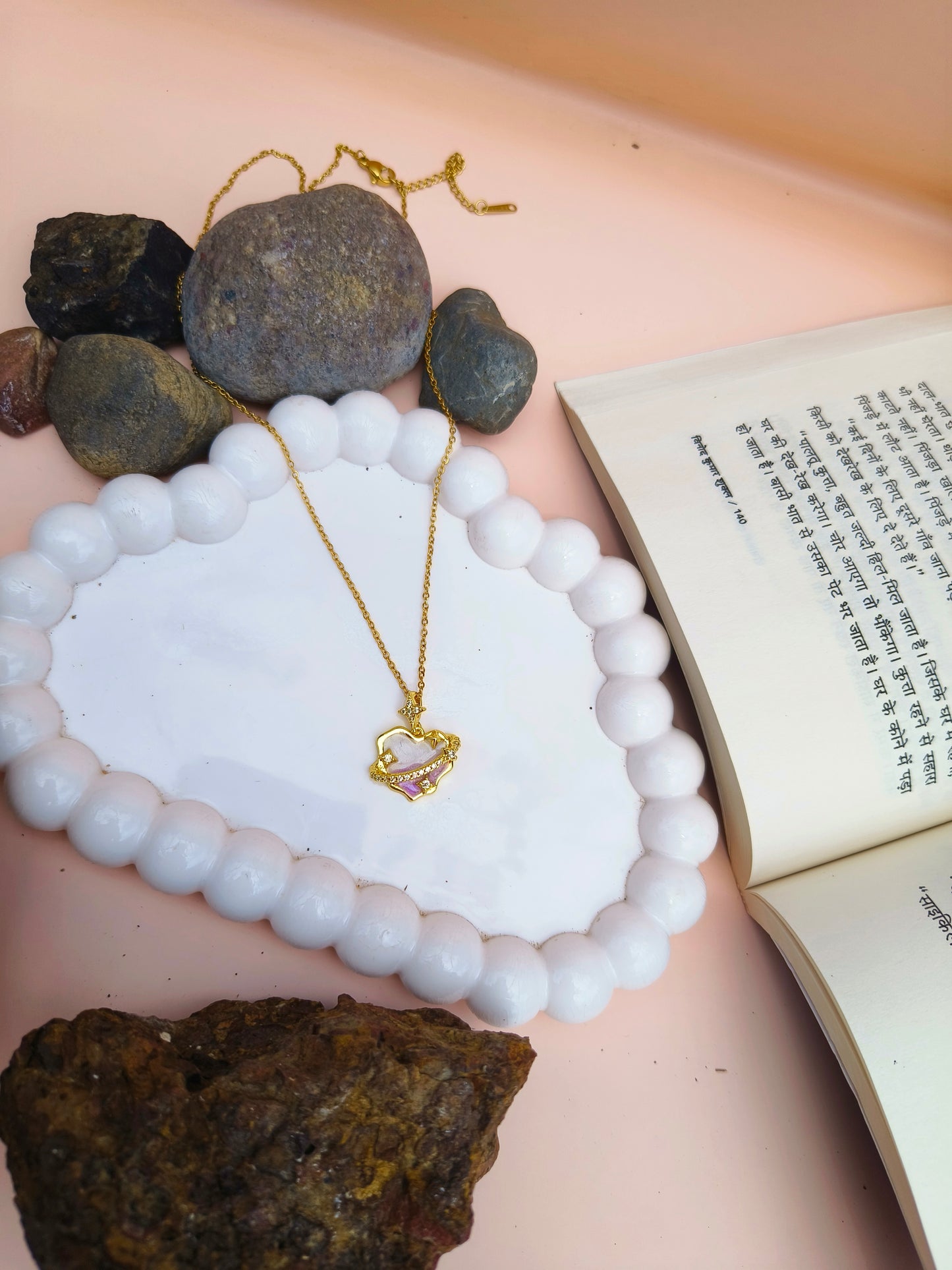 Stainless Steel Blue Heart Pendant Necklace with Star & Crystal Accents