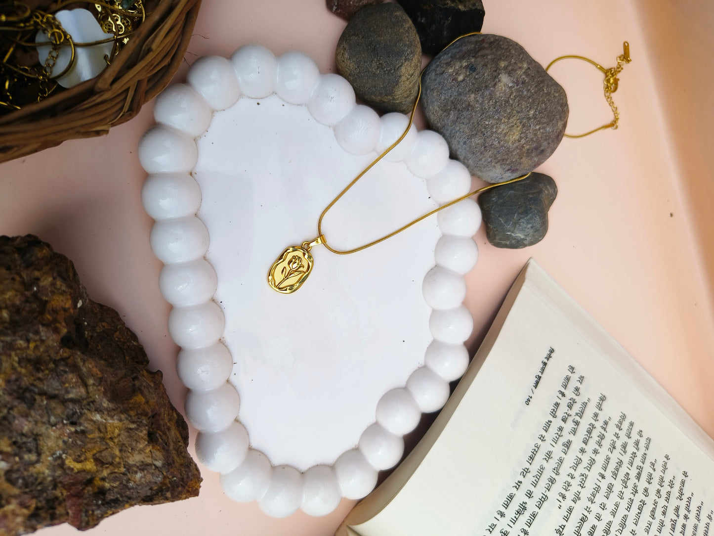 Stainless Steel Gold Engraved Floral Pendant Necklace – Minimalist Jewelry