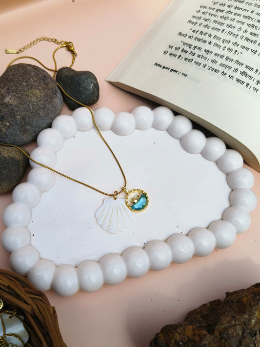 Stainless Steel Seashell Pendant Necklace with Ocean Blue Charm