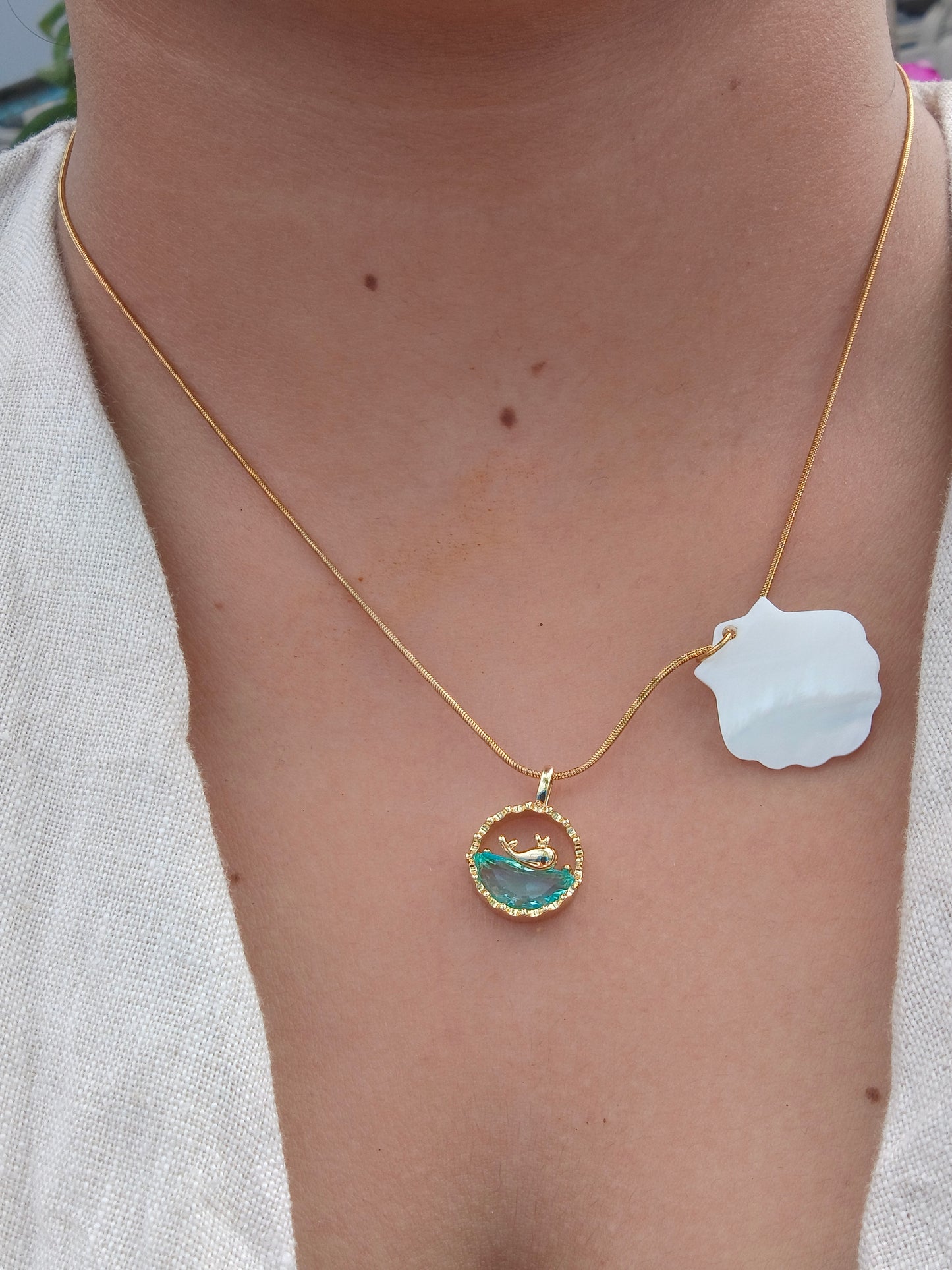 Stainless Steel Seashell Pendant Necklace with Ocean Blue Charm