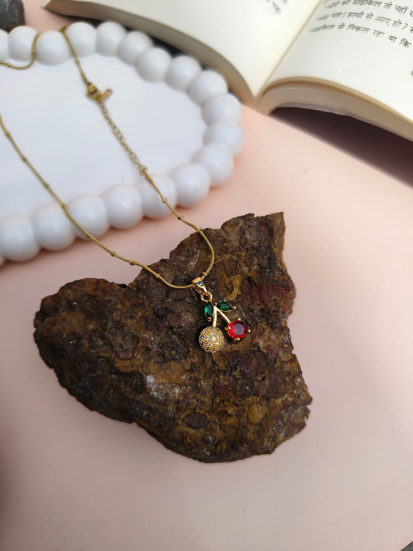 Stainless Steel Cherry Pendant Necklace with Red & Green Enamel