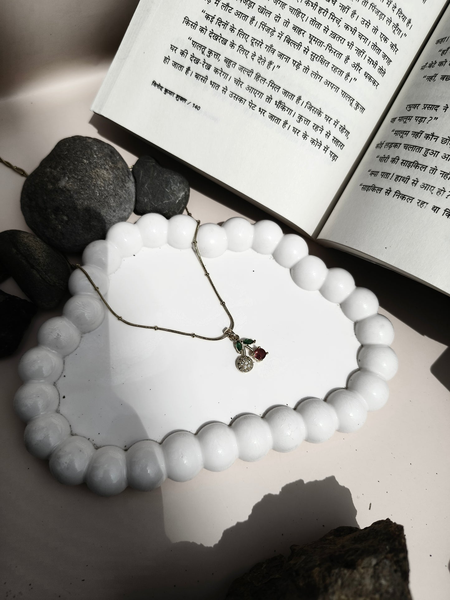 Stainless Steel Cherry Pendant Necklace with Red & Green Enamel