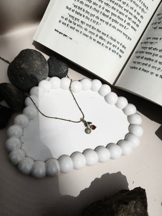 Stainless Steel Cherry Pendant Necklace with Red & Green Enamel